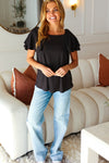 Feel The Love Black Double Ruffle Sleeve Square Neck Ribbed Top