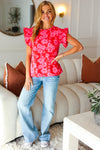 All The Frills Red & Fuchsia Floral Smocked Ruffle Sleeve Top