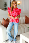 All The Frills Red & Fuchsia Floral Smocked Ruffle Sleeve Top