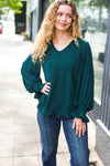 Hello Beautiful Hunter Green Smocked Bubble Sleeve Woven Top