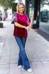 Diva Dreams Wine Floral Sequin Puff Sleeve Velvet Top