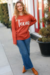 Game Day Burnt Orange "Texas" Embroidery Pop Up Sweater