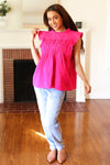 Love Life Cotton Fuchsia Frill Mock Neck Flutter Sleeve Top