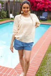 Feel Charming Oatmeal Floral Netted Crochet 3/4 Sleeve Sweater Top