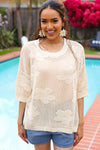 Feel Charming Oatmeal Floral Netted Crochet 3/4 Sleeve Sweater Top