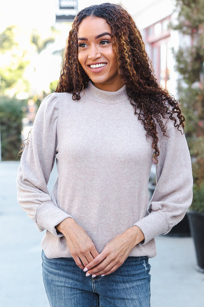 Stay Awhile Taupe Brushed Melange Puff Short Sleeve Sweater