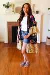 Navy & Yellow Colorblock Floral Chiffon Ruffle Kimono