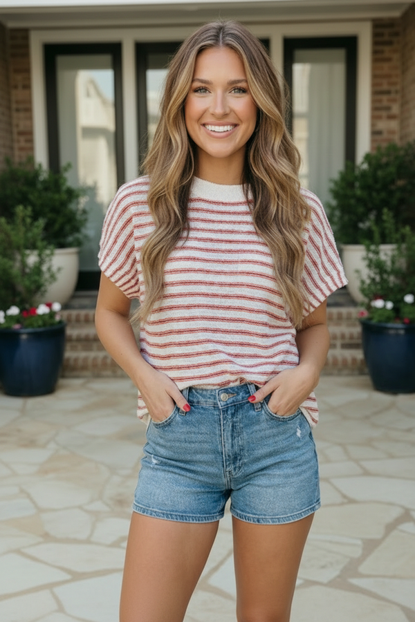 Breezy Stripe Knit Top in Ivory and Red