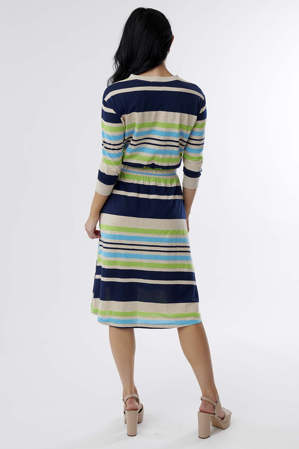 retro stripe navy blue drawstring waist dress with pockets, tznius dresses, modest dresses
