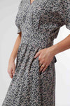 black floral maxi waist tie dress half sleeves v neck, modest clothing