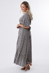 black floral maxi waist tie dress half sleeves v neck, modest clothing