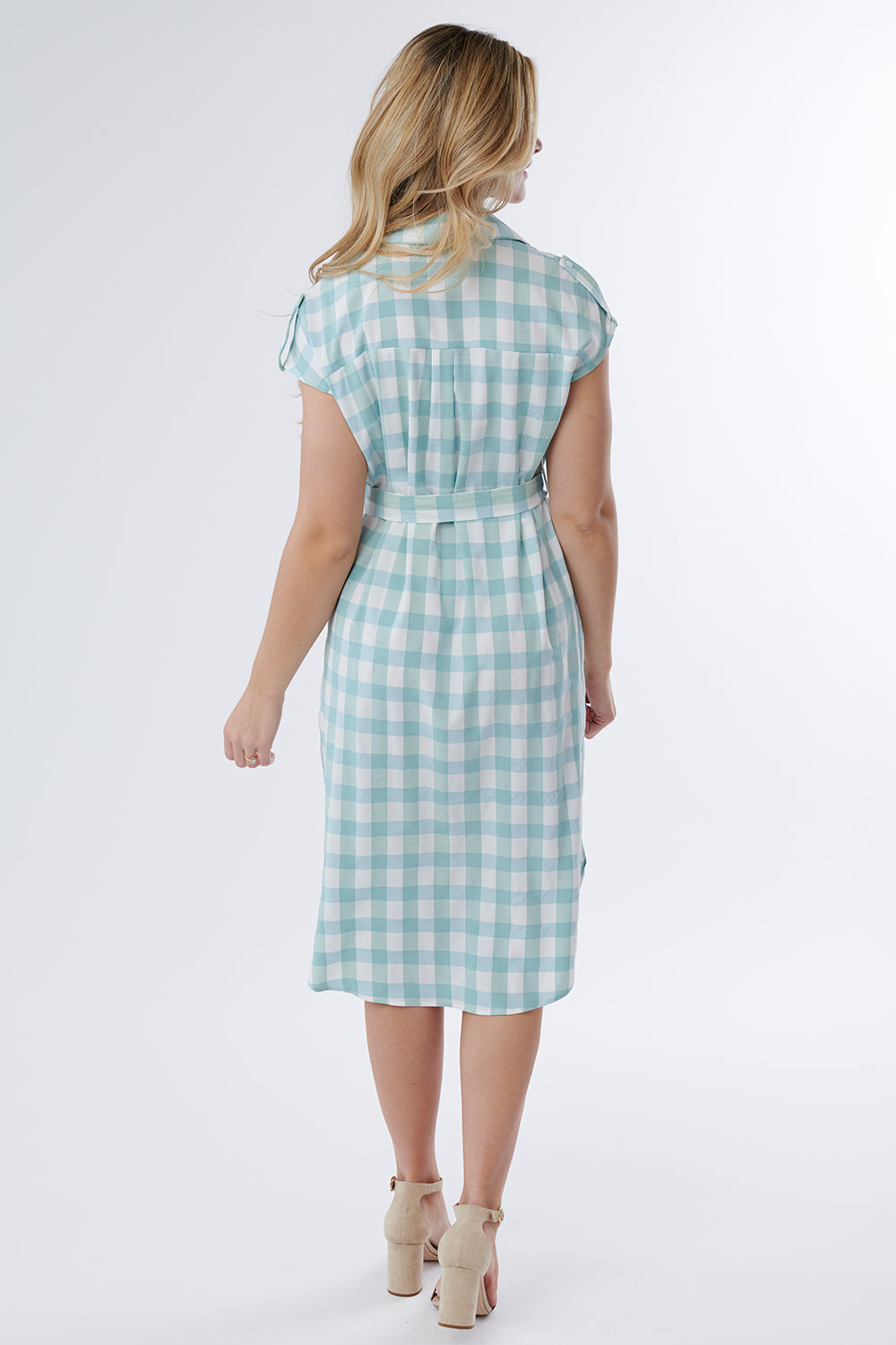 blue green gingham midi length button up dress, dress for nursing moms, modest dresses