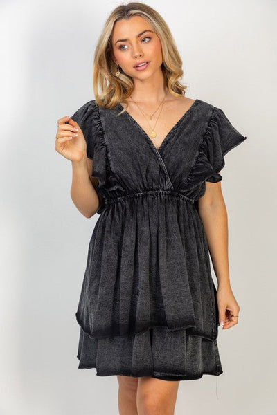 Short Flutter Sleeve Solid Knit Dress in Black