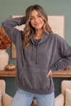 Hide and Seek Washed Cowl Neck Pullover in Charcoal