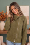 On Set Zip-Up Ribbed Sweater Jacket in Olive