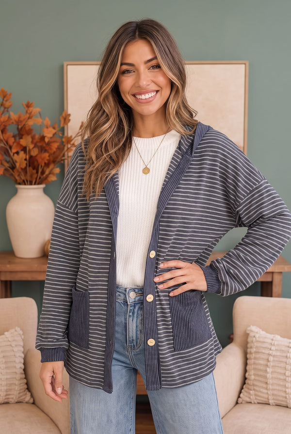 Crafting Corner Stripe Button Front Hoodie
