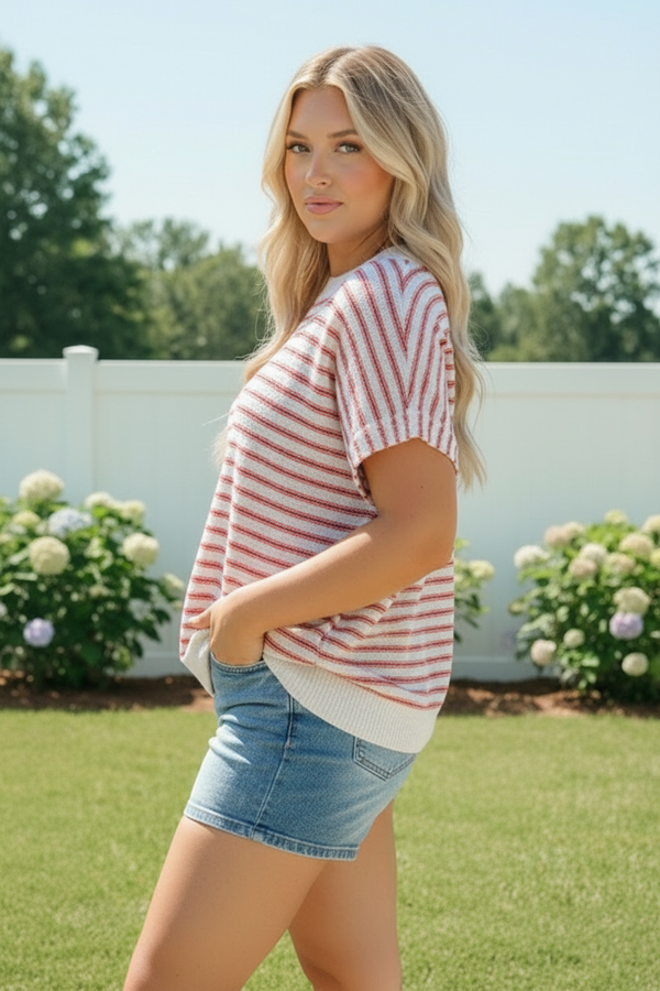 Breezy Stripe Knit Top in Ivory and Red