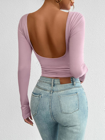 Devine Backless Round Neck Long Sleeve T-Shirt