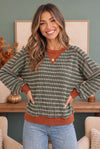 Striped & Cozy Olive Green Pullover Sweater