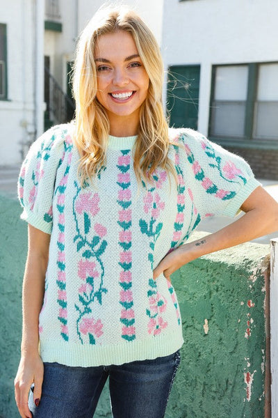 All For Love Mint Jacquard Floral Bubble Sleeve Sweater Top