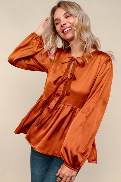 Tied Up in Style Rust Ribbon Blouse