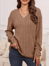 Ribbed V-Neck Long Sleeve T-Shirt