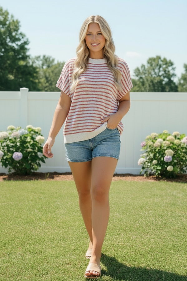 Breezy Stripe Knit Top in Ivory and Red