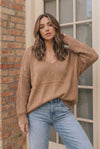 Cozy Caramel V-Neck Sweater with Crochet Sleeves