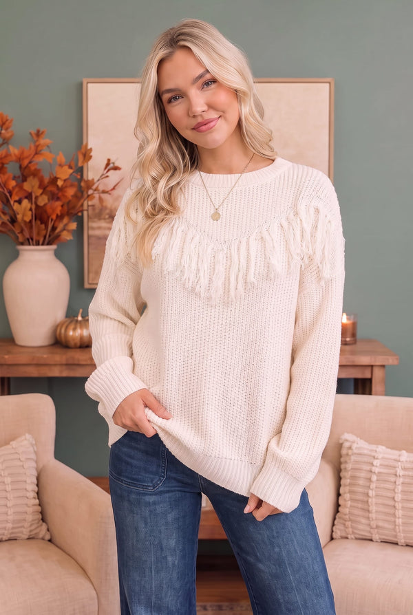 Fringe Forward Cream Knit Sweater