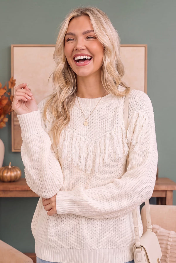 Fringe Forward Cream Knit Sweater
