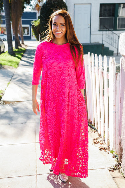 Diva Dreaming Fuchsia Three-Quarter Sleeve Floral Crochet Lined Maxi Dress