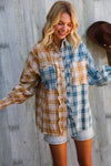 Adorable You Turquoise/Yellow Plaid Smocked Sleeve Frill Detail Top