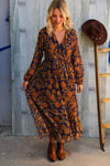 Stunning In Chiffon Floral Smock Waist Long Ruffle Sleeve Lined Midi Dress