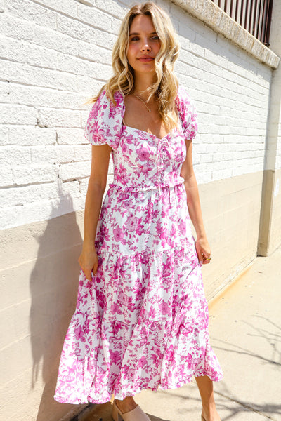 Feeling Femme Pink Sweetheart Neck Bustier Floral Tiered Dress