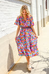 Follow Me Fuchsia Floral Print Frill Notch Neck Bubble Sleeve Dress