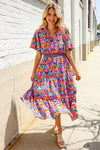 Follow Me Fuchsia Floral Print Frill Notch Neck Bubble Sleeve Dress