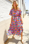 Follow Me Fuchsia Floral Print Frill Notch Neck Bubble Sleeve Dress