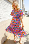Follow Me Fuchsia Floral Print Frill Notch Neck Bubble Sleeve Dress
