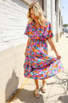 Follow Me Fuchsia Floral Print Frill Notch Neck Bubble Sleeve Dress