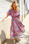 Follow Me Fuchsia Floral Print Frill Notch Neck Bubble Sleeve Dress