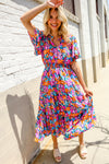 Follow Me Fuchsia Floral Print Frill Notch Neck Bubble Sleeve Dress