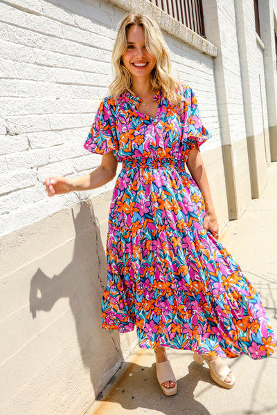 Follow Me Fuchsia Floral Print Frill Notch Neck Bubble Sleeve Dress