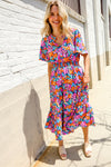 Follow Me Fuchsia Floral Print Frill Notch Neck Bubble Sleeve Dress