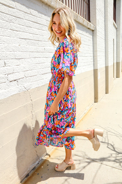 Follow Me Fuchsia Floral Print Frill Notch Neck Bubble Sleeve Dress