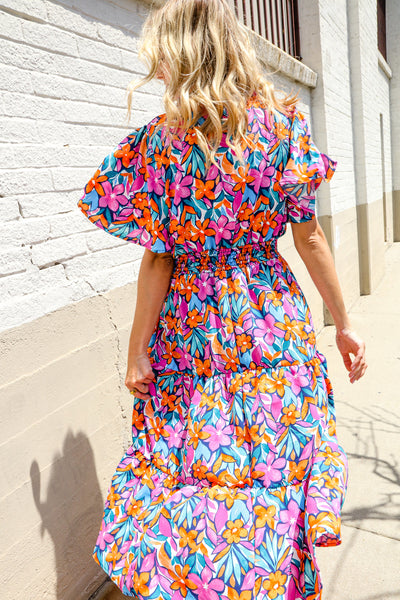 Follow Me Fuchsia Floral Print Frill Notch Neck Bubble Sleeve Dress