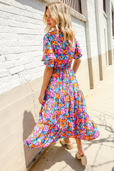 Follow Me Fuchsia Floral Print Frill Notch Neck Bubble Sleeve Dress