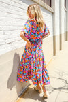 Follow Me Fuchsia Floral Print Frill Notch Neck Bubble Sleeve Dress