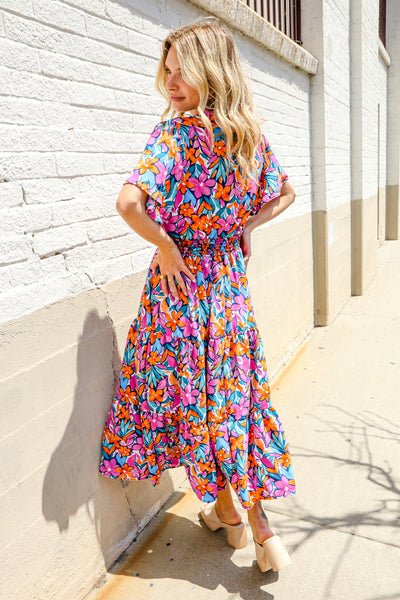 Follow Me Fuchsia Floral Print Frill Notch Neck Bubble Sleeve Dress