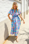 Can't Say No Blue Tropical Floral Frill Notch Neck Bubble Sleeve Dress