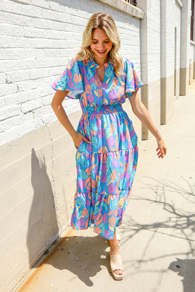Can't Say No Blue Tropical Floral Frill Notch Neck Bubble Sleeve Dress